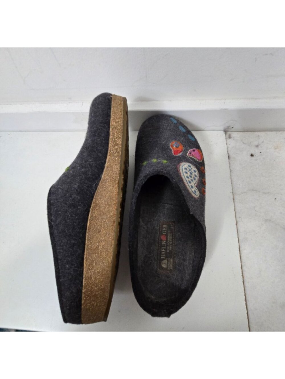 Haflinger Size 10 Paisley Blue Wool Felt Appliqué Stitching Slip-On Clog Slipper - Picture 10 of 11